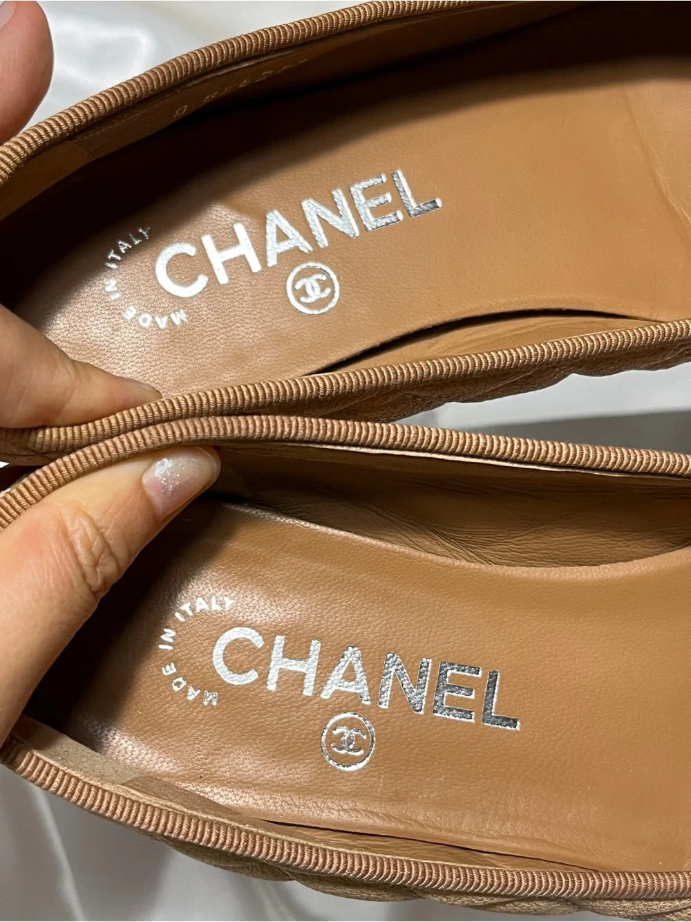 CHANEL Quilted Ballet Flats with Patent Camel Toe Cap